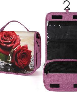 Trousse de toilette pour homme et femme - Motif roses rouges - Portable - Crochet de suspension - Trousse de maquillage pour accessoires, shampooing, conteneur pleine grandeur, articles de
