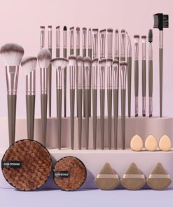 Lot de 40 pinceaux de maquillage avec houppettes à poudre et éponges de nettoyage - Kit de pinceaux cosmétiques synthétiques doux pour fond de teint, blush, fard à paupières, anti-cernes, soin de la
