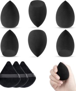 Lot de 6 Éponge de Maquillage avec 3 Houpette Triangle Noir, Eponges pour Fond de Teint Liquide et Poudre Libre, Réutilisables Accessoires Beauty et Outils set