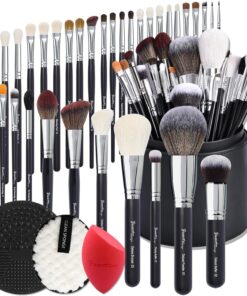 Bueart Design Lot de 34 pinceaux de maquillage professionnels en poils de chèvre véritables Noir | Avec support extra large haut de gamme professionnel de pinceaux de maquillage avec poils de poney naturels