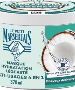 Le Petit Marseillais Masque 4 en 1 Eau de Coco Bio, Pot de 370 mL | Hydratation Légèreté, Masque Capillaire pour Cheveux Déshydratés, Soin Cheveux sans Silicone 96% d'Origine Naturelle