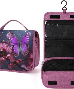 Trousse de toilette pour homme et femme - Motif papillon violet prune - Portable - Crochet de suspension - Trousse de maquillage pour accessoires, shampooing, conteneur pleine grandeur