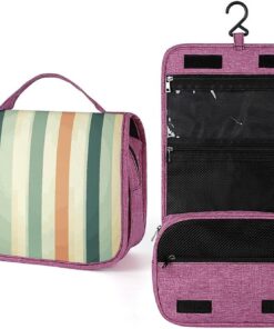 Trousse de toilette rétro rayée pour homme et femme, crochet de suspension portable, trousse de maquillage, trousse de maquillage pour accessoires, shampooing, conteneur pleine grandeur