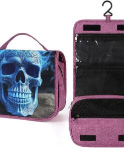 Trousse de toilette motif crâne bleu imprimé 3D pour hommes et femmes, sac de maquillage portable à crochet de suspension, trousse de maquillage pour accessoires, shampooing, conteneur pleine