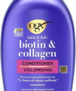 OGX – Après-Shampooing Volumateur Biotine & Collagène (flacon de 385 ml) – Soin capillaire avec formule infusée de nutriments – Après-shampooing sans sulfate pour plus de 72 heures de volume