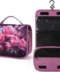 Trousse de toilette rose et papillons pour homme et femme, crochet de suspension portable, trousse de maquillage pour accessoires, shampooing, conteneur pleine grandeur, articles de toilette