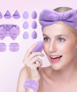 Lot de 15 éponges de maquillage douces pour les amateurs de beauté, avec bandeau et bracelets (violet)