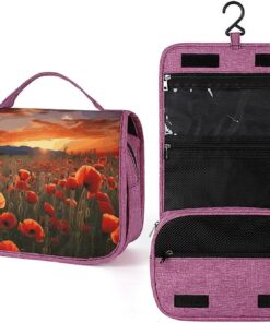 Trousse de toilette pour homme et femme, motif coquelicots rouges au coucher du soleil, trousse de maquillage portable à crochet de suspension, trousse de maquillage pour accessoires