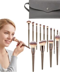 Lot de 15 pinceaux de maquillage professionnels avec étui de transport Champagne Doré