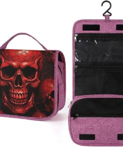 Trousse de toilette motif crânes rouges pour hommes et femmes, trousse de maquillage portable à crochet de suspension, trousse de maquillage pour accessoires, shampooing, conteneur pleine