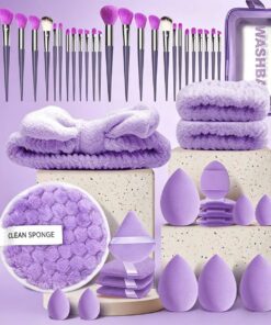 Lot de 40 éponges de maquillage et mélangeur, éponges de maquillage pour le visage, violet | Trousse à maquillage avec bandeau, tampons démaquillants réutilisables et houppettes à poudre