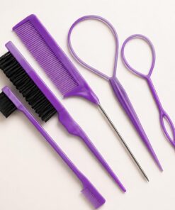 Lot de 5 outils de coiffure pour queue de cheveu, peigne de surlignage, brosse à double extrémité, brosse à sourcils pour sectionner et soins capillaires (violet)