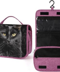 Trousse de toilette à motif de chat noir sur fond noir pour homme et femme, trousse de maquillage portable à crochet de suspension, trousse de maquillage pour accessoires, shampooing