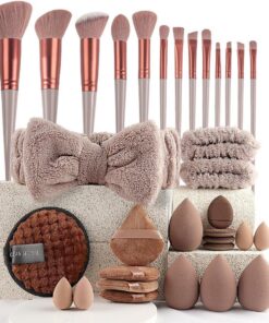Lot de 33 pinceaux de maquillage professionnels - 20 pinceaux et 20 applicateurs dans une pochette cadeau - Café