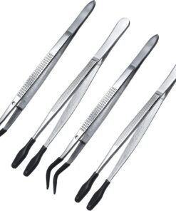 Honoson Lot de 4 pinces à épiler à pointe en caoutchouc avec revêtement en silicone PVC et pointe plate courbée pour laboratoire, bijoux industriels, loisirs créatifs, pièces de monnaie (noir)