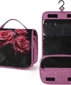 Trousse de toilette pour homme et femme, rose rouge et feuilles noires, sac de maquillage portable à crochet de suspension, trousse de maquillage pour accessoires, shampooing, conteneur