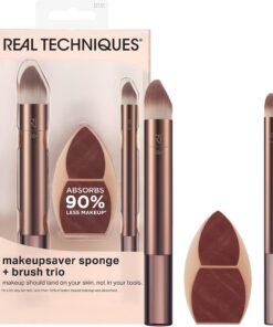 Real Techniques Makeupsaver Trio d’éponge + pinceaux de maquillage pour formulations liquides et crèmes Finition naturelle et réduction des déchets de maquillage Sans cruauté envers les animaux et