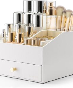 VLANDO Organiseur de maquillage avec tiroirs, organiseur de soins de la peau en cuir synthétique, organiseur de parfum, grande vitrine de maquillage pour rouge à lèvres, pinceaux cadeaux pour femme