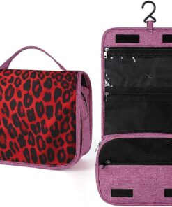 Trousse de toilette à motif léopard rouge pour homme et femme, trousse de maquillage portable à crochet de suspension, trousse de maquillage pour accessoires, shampooing, conteneur pleine