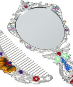Healeved 1 Set Miroir à Main Poignée et Petit Miroir de Poche Vintage pour Femmes Accessoire de Maquillage Rétro Portable