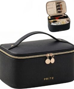 Prite Trousse de Maquillage Femme avec Support à Pinceaux, Noir, Standard | Trousse de Toilette, Vanity Case, Voyage, Multi-Compartiments, Séparateur Amovible, Poignée Solide, Hydrofuge, Cuir Vegan