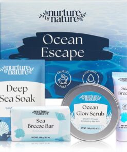 Nurture by Nature Ocean Escape Spa Box – Ensemble de bain infusé à la glycérine, cadeau pour femme avec gommage corporel, sels de bain Epsom, crème pour les mains au karité 6 % et savon – Coffret