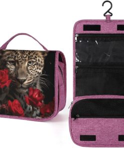 Trousse de toilette rose léopard pour homme et femme, crochet de suspension portable, trousse de maquillage, trousse de maquillage pour accessoires, shampooing, conteneur pleine grandeur