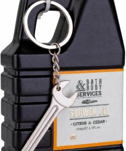 accentra Gel douche Bath & Body Service en forme de bidon d'huile 200 ml avec porte-clés en forme de clé à molette, parfum citron et cedar – Rechargeable