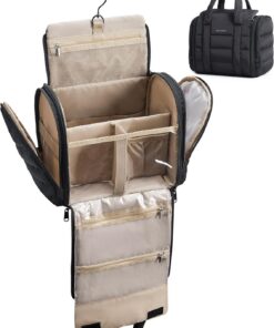 BAGSMART Trousse de toilette de voyage avec séparation amovible, tissu résistant à l'eau, organiseur à suspendre pour articles de toilette de grande taille, accessoires, noir
