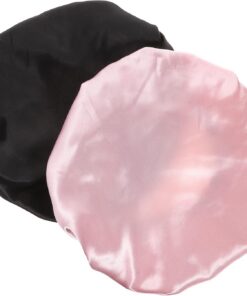 Housoutil Lot de 2 Bonnets de Nuit en Satin pour Femme, Double Couche, Taille Ajustable, Coloris Noir et Rose, Confortables et Respirants, Bonnet pour Cheveux Bouclés, Soin Capillaire