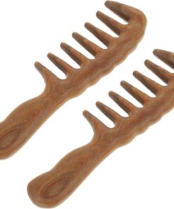 Healvian Lot de 2 Peignes à Dents Larges en Bois de Santal Vert Brosse Massage Cuir Chevelu Manche Long Ergonomique Peignes Démêlants pour Cheveux Bouclés et Secs Soin Capillaire
