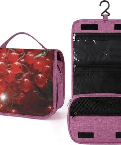 Trousse de toilette pour homme et femme - Motif fruits rouges et feuilles - Portable - Crochet de suspension - Trousse de maquillage pour accessoires, shampooing, conteneur pleine grandeur