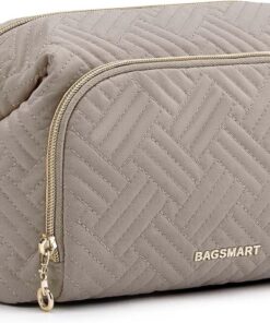 BAGSMART Trousse de maquillage de voyage, trousse de maquillage, grande poche à large ouverture pour femme, sac à main pour articles de toilette, accessoires et pinceaux, Gris Tranquil, Large