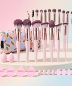 Lot de 31 pinceaux de maquillage de voyage avec éponges de maquillage et houppettes à poudre, trousse de maquillage professionnelle complète pour une application complète du maquillage (rose)