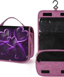 Trousse de toilette en forme de cœurs violets pour homme et femme, sac de maquillage portable à crochet de suspension, trousse de maquillage pour accessoires, shampooing, conteneur pleine