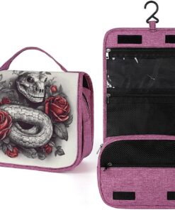 Trousse de toilette pour homme et femme, rose rouge sur serpent, trousse de maquillage portable à crochet de suspension, trousse de maquillage pour accessoires, shampooing, conteneur pleine