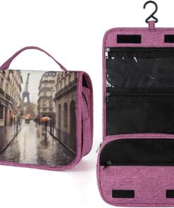 Rainy Street in Paris Trousse de toilette pour homme et femme, crochet de suspension portable, trousse de maquillage pour accessoires, shampooing, conteneur pleine grandeur, articles de