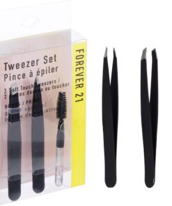 Forever 21 Lot de 3 pinces à épiler noires et bobine à paillettes – Pince à épiler coudée et pointue, pince à épiler de précision et bobine de cils