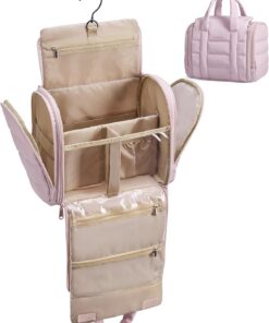 BAGSMART Trousse de toilette de voyage avec séparation amovible, tissu résistant à l'eau, organiseur à suspendre pour articles de toilette de grande taille, accessoires, noir, Rose nude, Large