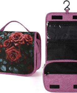 Trousse de toilette rose rouge et noire pour homme et femme, trousse de maquillage portable à crochet de suspension, trousse de maquillage pour accessoires, shampooing, conteneur pleine
