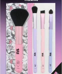 DISNEY VILLAINS - Set de 4 Pinceaux de Maquillage Les Méchants, Ursula, Maléfique, Cruella d'Enfer - Kit Makeup avec Trousse de Rangement - Produit Officiel
