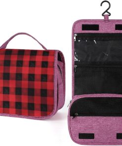 Trousse de toilette à motif écossais rouge et noir pour homme et femme, crochet de suspension portable, trousse de maquillage pour accessoires, shampooing, conteneur pleine grandeur, articles