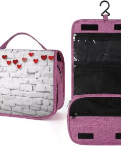 Trousse de toilette pour homme et femme, motif cœurs rouges sur mur de briques blanches, trousse de maquillage portable à crochet de suspension, trousse de maquillage pour accessoires