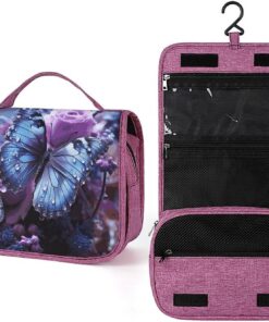 Trousse de toilette pour homme et femme avec rose violette avec beau papillon dessus, crochet de suspension, trousse de maquillage pour accessoires, shampooing, conteneur pleine grandeur