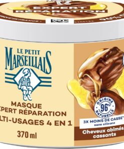 Le Petit Marseillais – Masque 4 en 1 Expert Réparation Huile de Jojoba Bio (Pot de 370 Ml) – Masque Capillaire pour Cheveux Cassants – Soin Cheveux sans Silicone 96% d'Origine Naturelle
