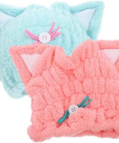 VICASKY Bonnet de Séchage des Cheveux 2 Pièces en Coral Fleece Rose Bleu | Motif Cartoon Simple, Design Élastique, Usage Bain et Soin Capillaire, Style Décoratif