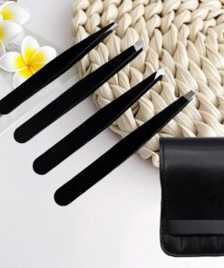 Lot de 4 pinces à épiler pour sourcils avec étui de rangement et accessoires de coupe (noir)