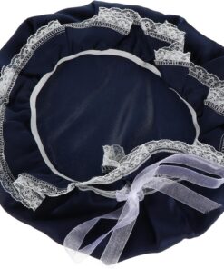 YARNOW Bonnet de Nuit en Soie Bleu avec Dentelle, Bonnet de Soin Capillaire Ajustable avec Ruban pour Protéger les Cheveux Pendant le Lavage Visage