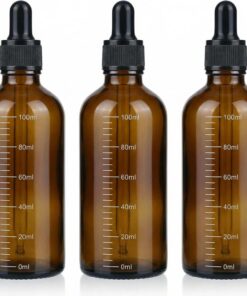 Erioctry Lot de 3 flacons compte-gouttes vides rechargeables en verre ambré gradué pour huiles essentielles avec distributeur compte-gouttes noir pour produits cosmétiques et fluides, 100 ml
