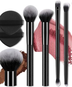 Lot de 8 outils de maquillage professionnels – 6 pinceaux pour le visage + 2 houppettes à coussin d'air | poudre + blush + fond de teint + sourcils à double extrémité + cils / fard à paupières
